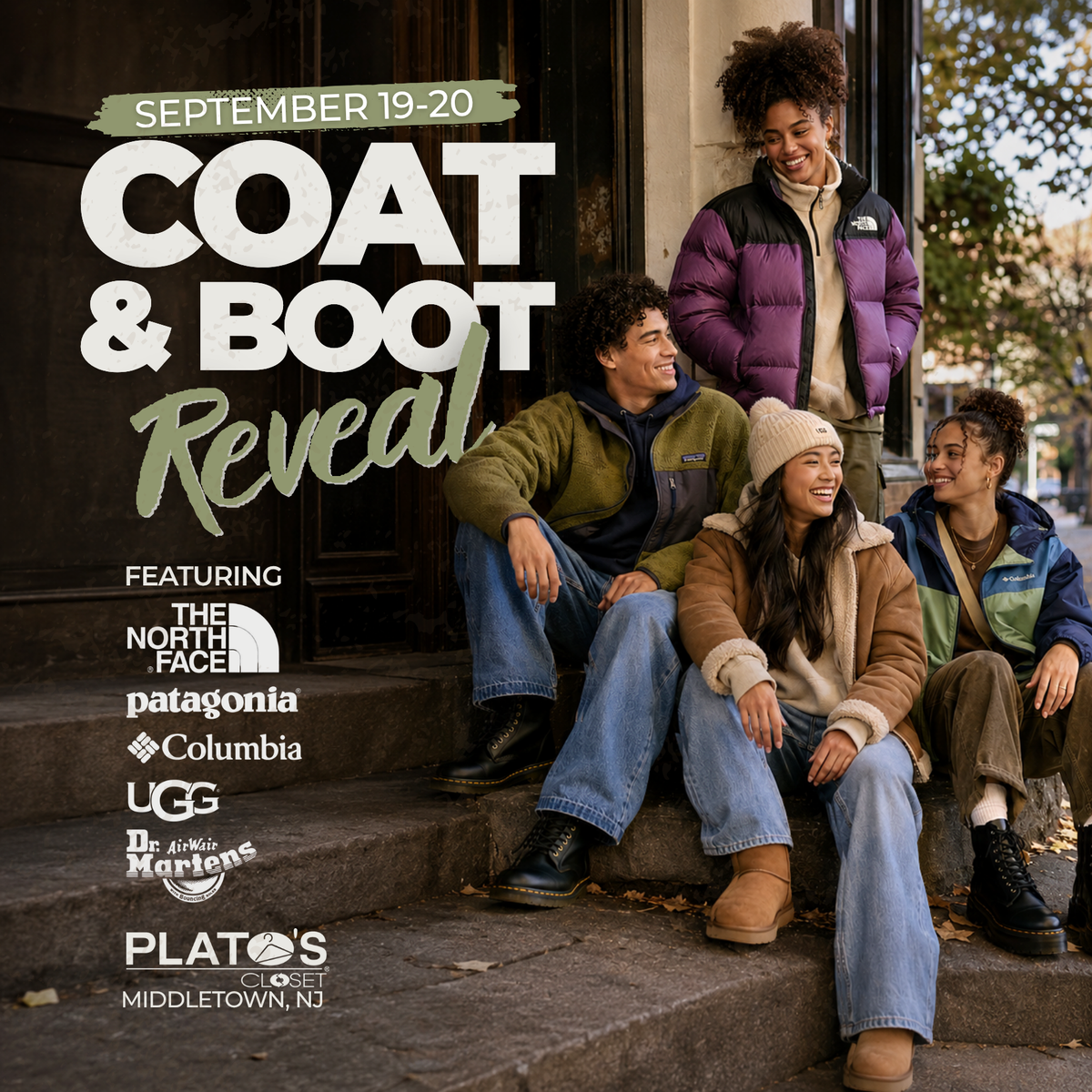 Coat + Boot Reveal at Plato’s Closet Middletown, NJ, September 19–20, featuring secondhand fall and winter coats and boots from popular brands at resale prices.