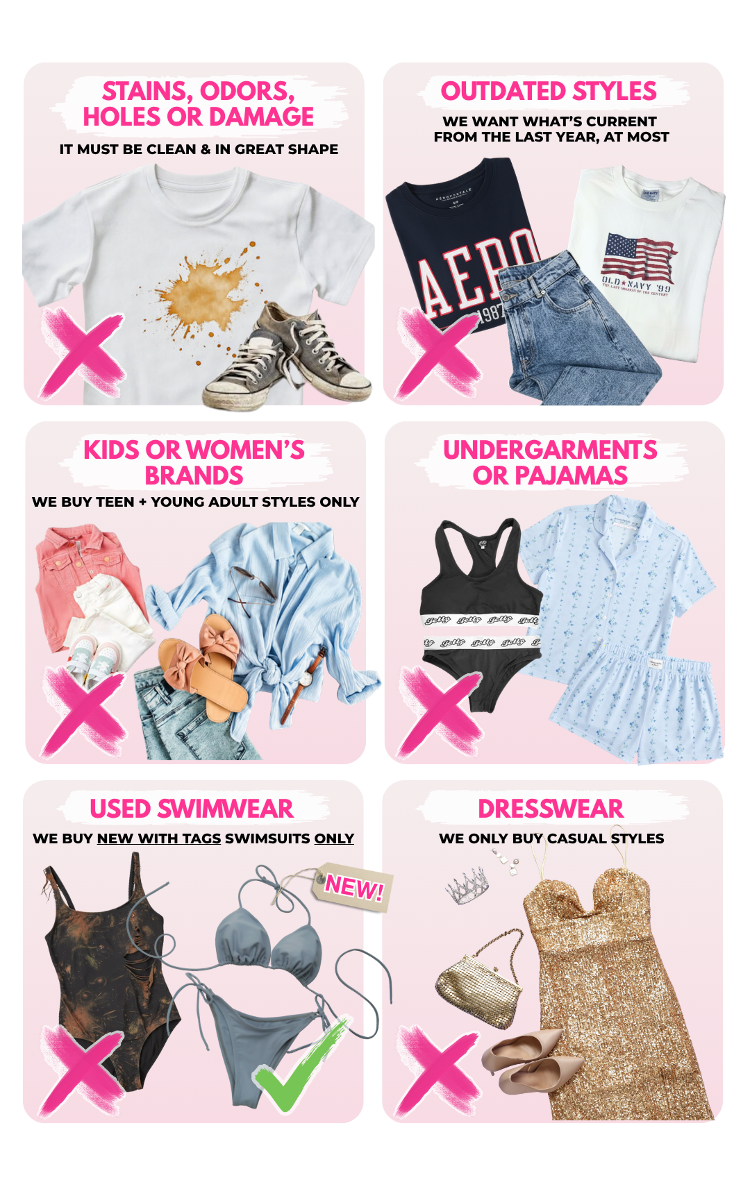 no stains or damaged items outdated styles womens or kids brands used swimwear dresswear