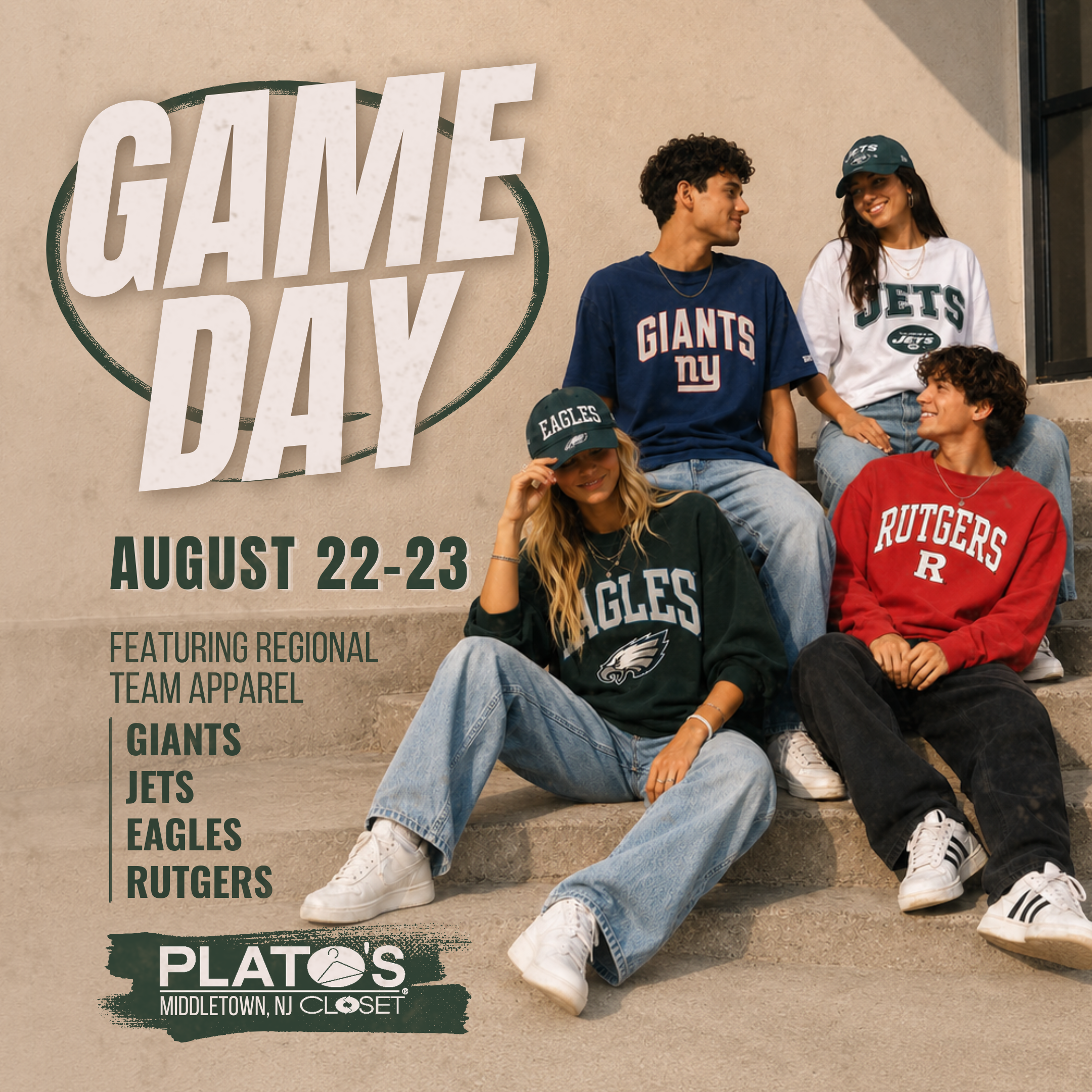 Shop Giants, Jets, Eagles and Rutgers apparel at Plato's Closet Middletown, NJ during our Game Day Event featuring affordable NFL and college team clothing for teens and young adults.