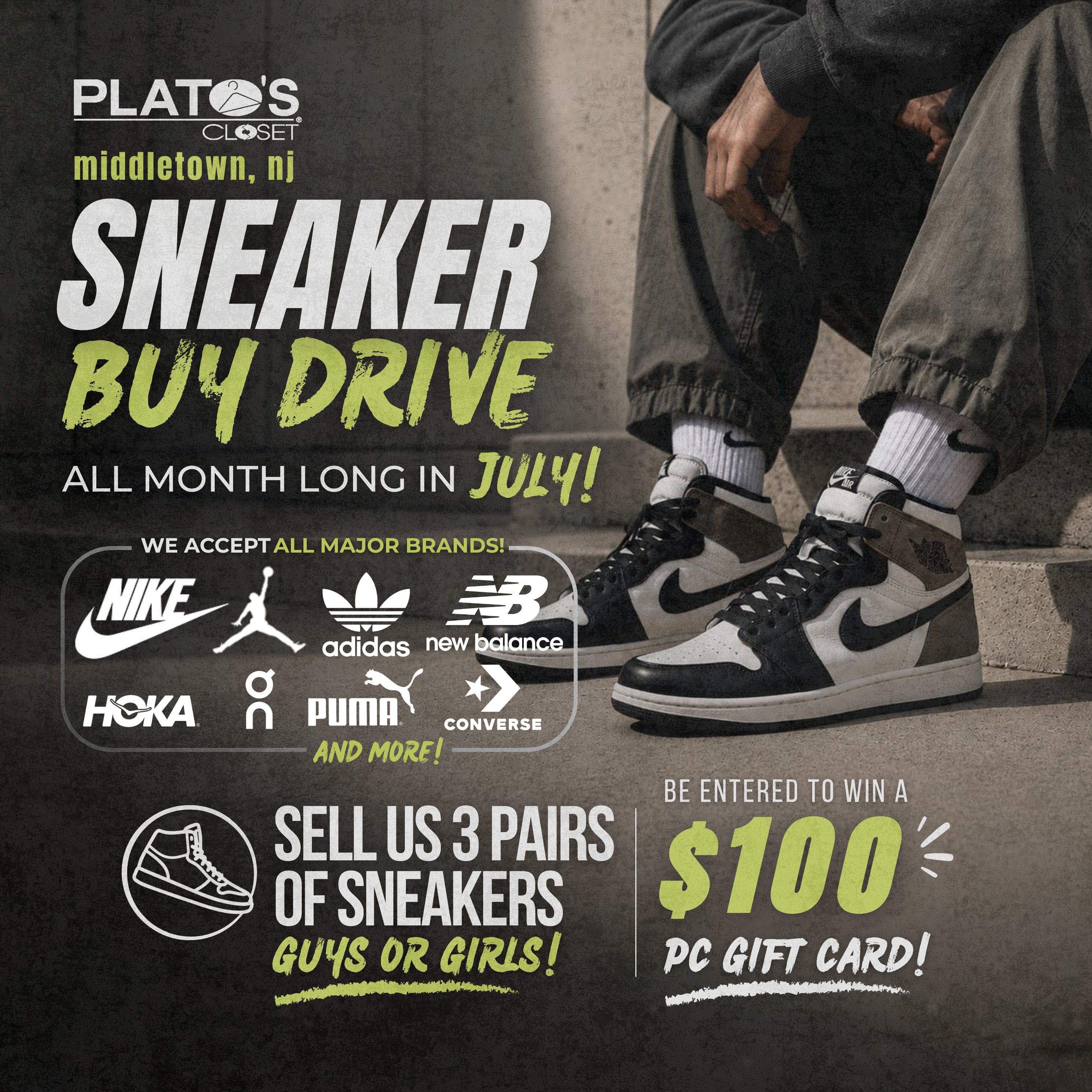 Sneaker Buy Drive at Plato's Closet Middletown where customers can sell sneakers for a chance to win a $100 PC gift card